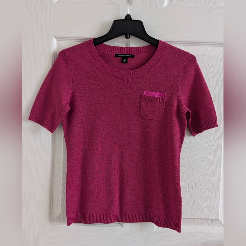 Banana Republic Pink Wool Blend Short Sleeve Knit Sweater Preppy Academic Chic S